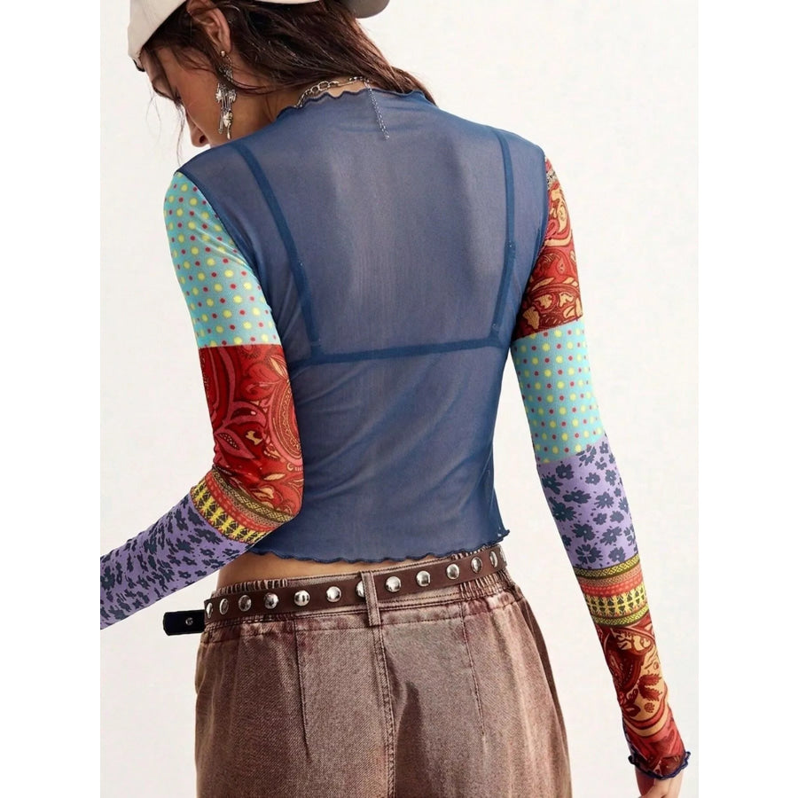 Floral Print Mesh Mock Neck Long Sleeve Top Apparel and Accessories