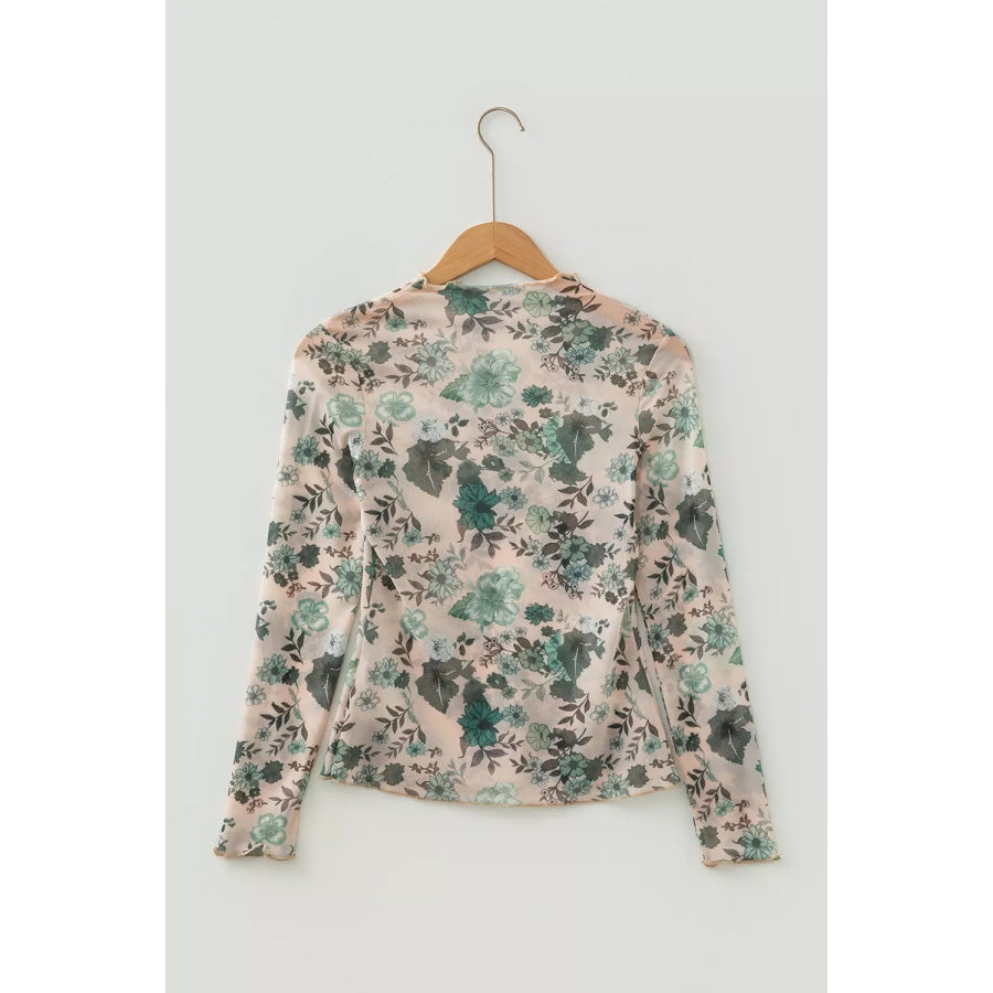 Floral Print Mesh Mock Neck Long Sleeve Top Apparel and Accessories