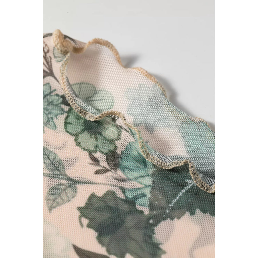 Floral Print Mesh Mock Neck Long Sleeve Top Apparel and Accessories