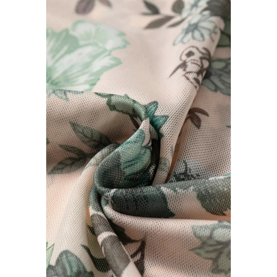Floral Print Mesh Mock Neck Long Sleeve Top Apparel and Accessories