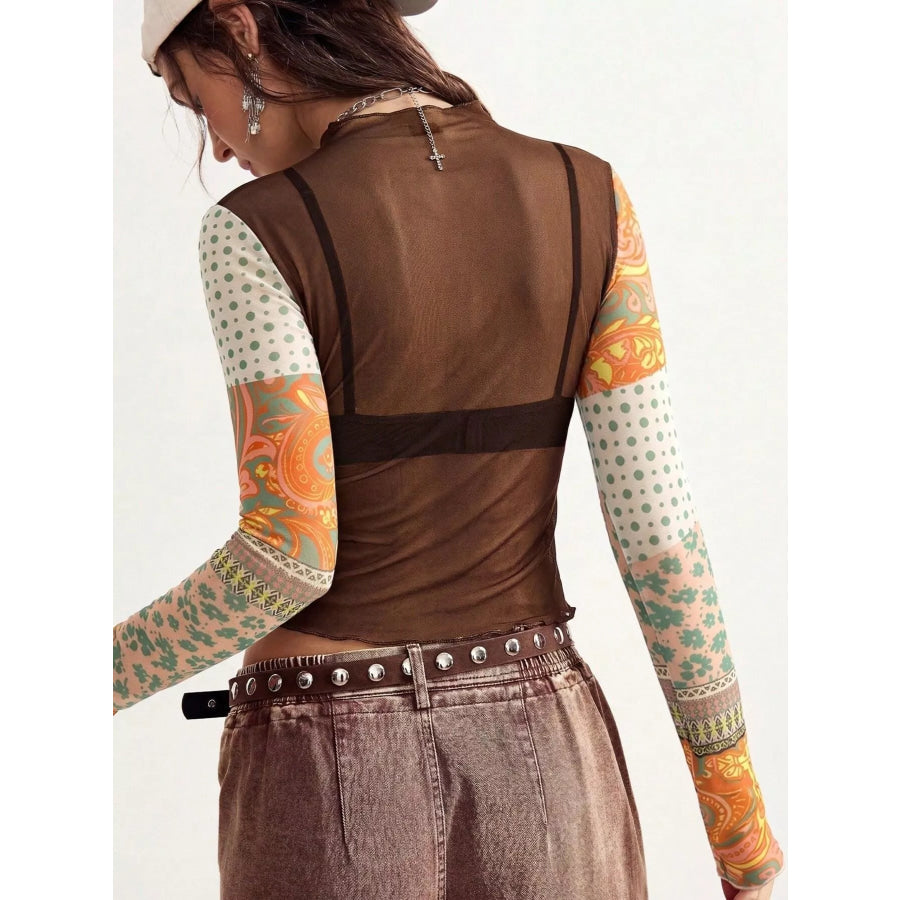 Floral Print Mesh Mock Neck Long Sleeve Top Apparel and Accessories