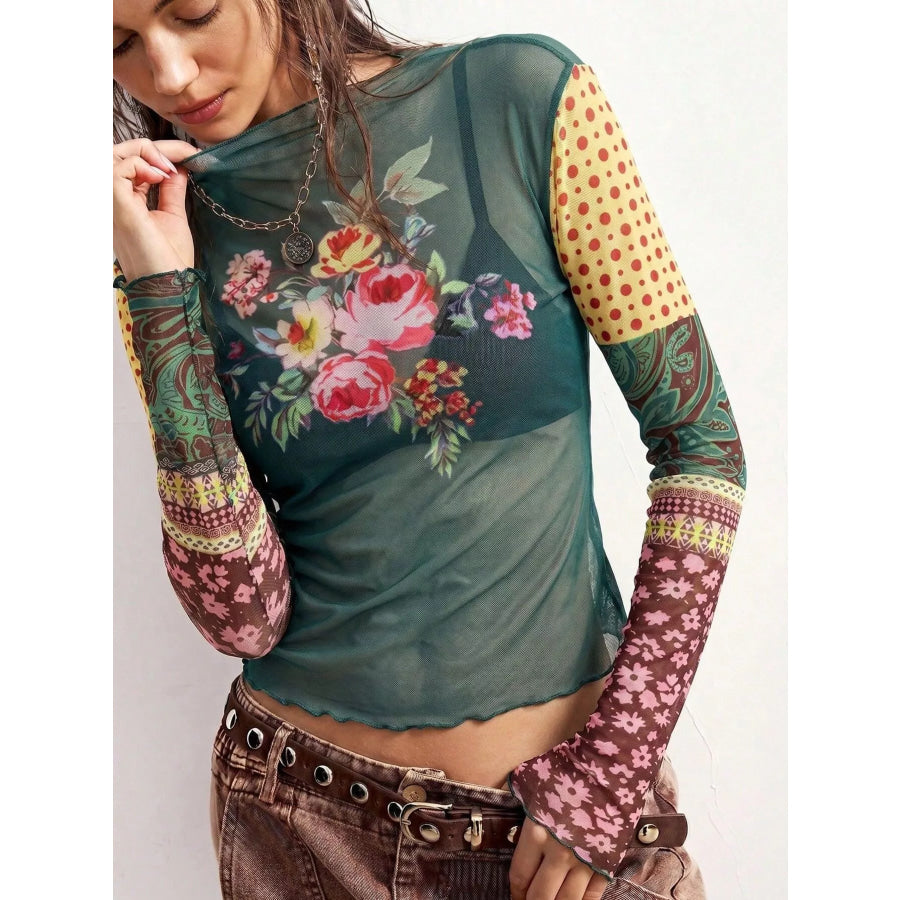 Floral Print Mesh Mock Neck Long Sleeve Top Apparel and Accessories