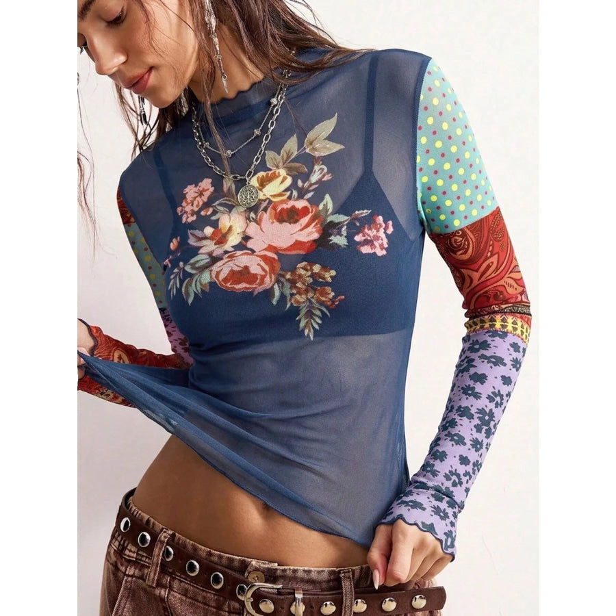 Floral Print Mesh Mock Neck Long Sleeve Top Apparel and Accessories