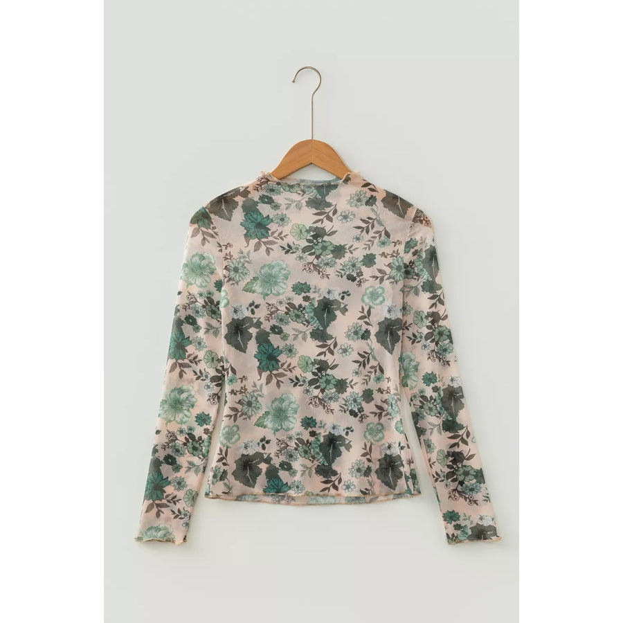 Floral Print Mesh Mock Neck Long Sleeve Top Apparel and Accessories