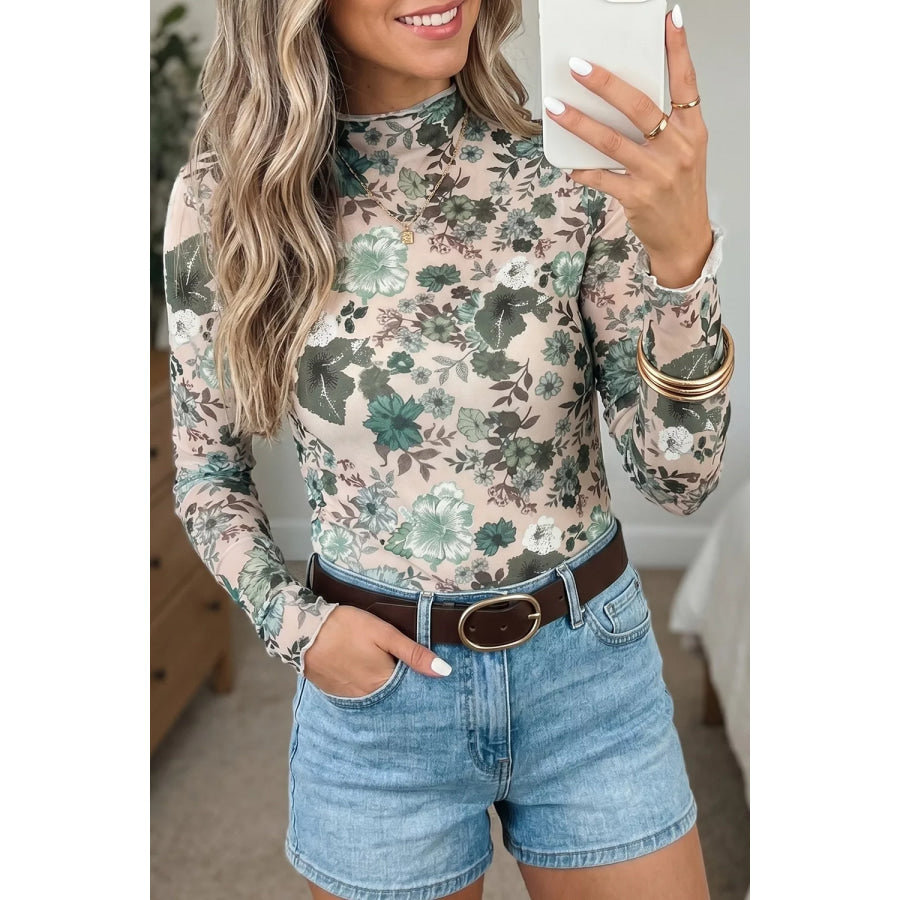 Floral Print Mesh Mock Neck Long Sleeve Top Sage / S Apparel and Accessories