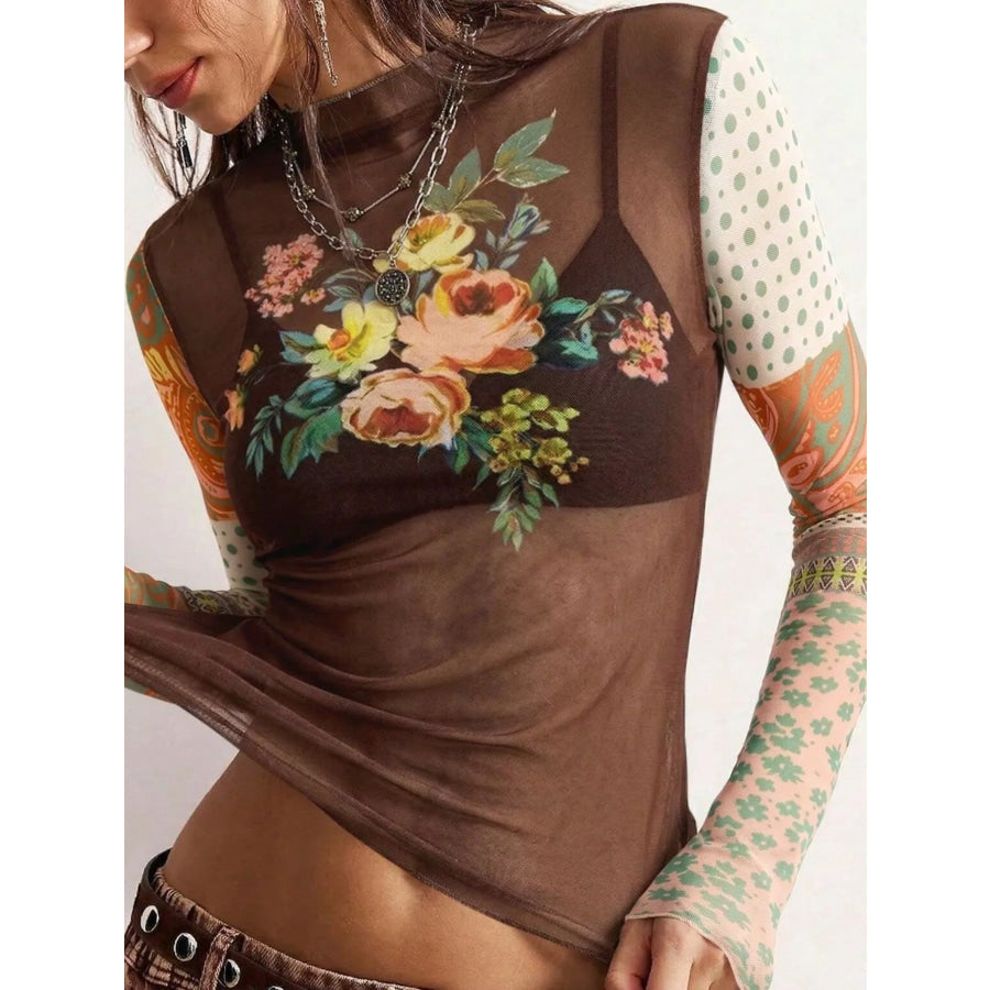 Floral Print Mesh Mock Neck Long Sleeve Top Apparel and Accessories