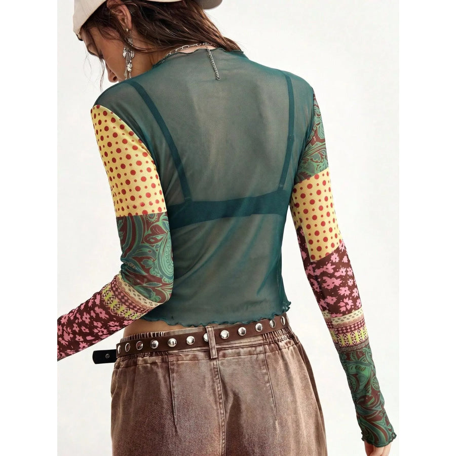 Floral Print Mesh Mock Neck Long Sleeve Top Apparel and Accessories