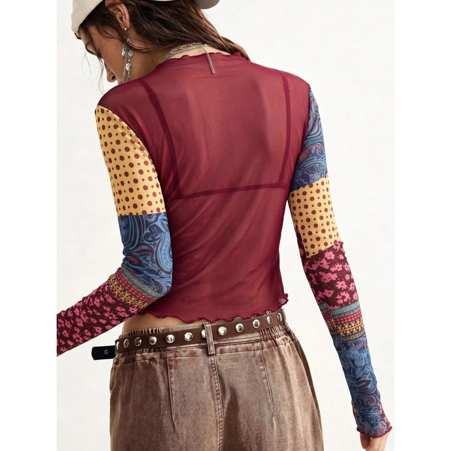 Floral Print Mesh Mock Neck Long Sleeve Top Apparel and Accessories
