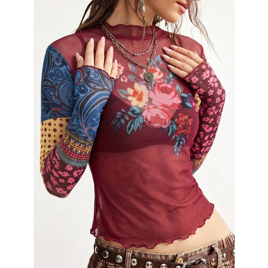 Floral Print Mesh Mock Neck Long Sleeve Top Apparel and Accessories