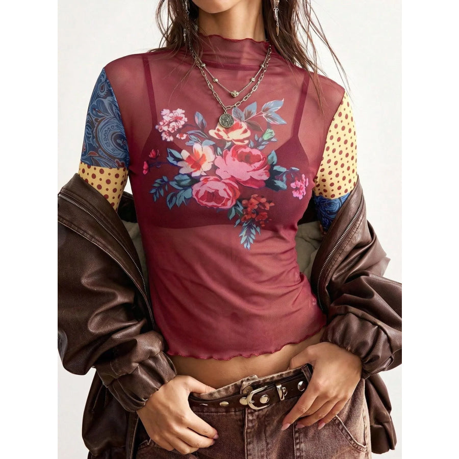 Floral Print Mesh Mock Neck Long Sleeve Top Burgundy / S Apparel and Accessories