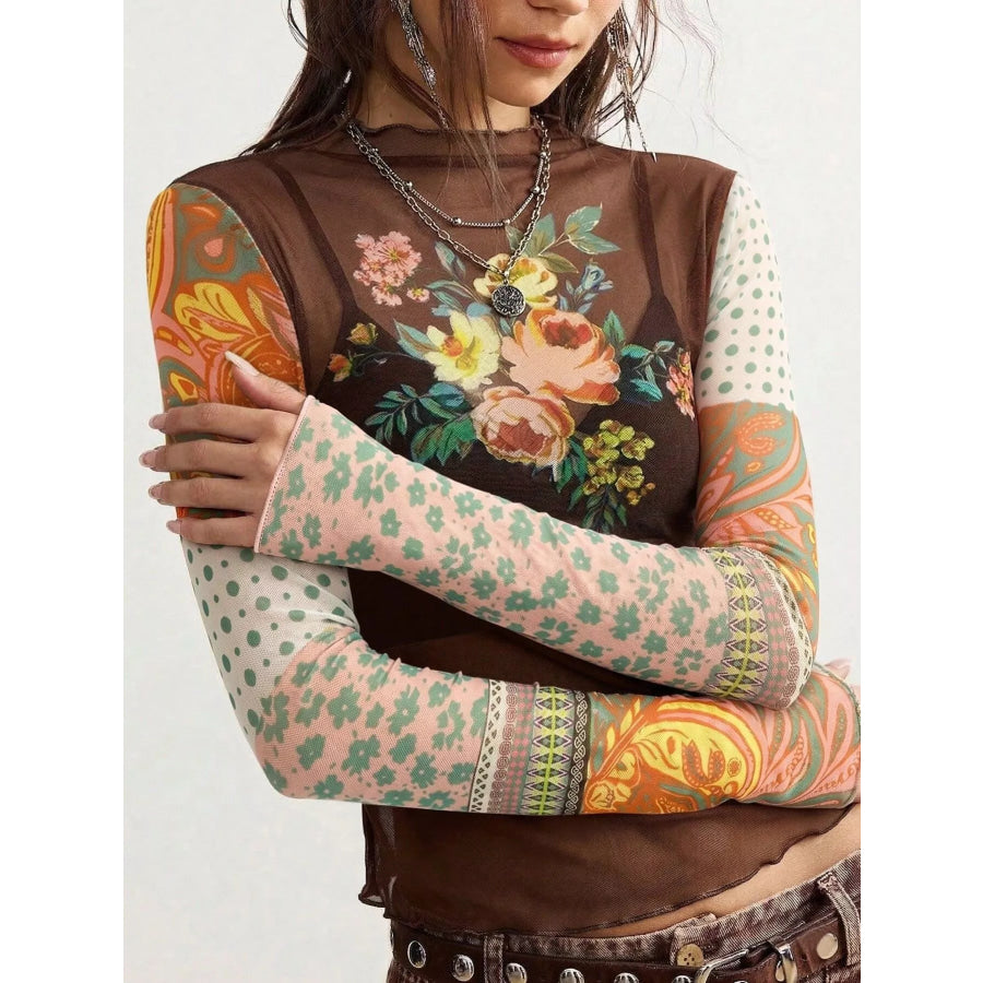 Floral Print Mesh Mock Neck Long Sleeve Top Dark Brown / S Apparel and Accessories