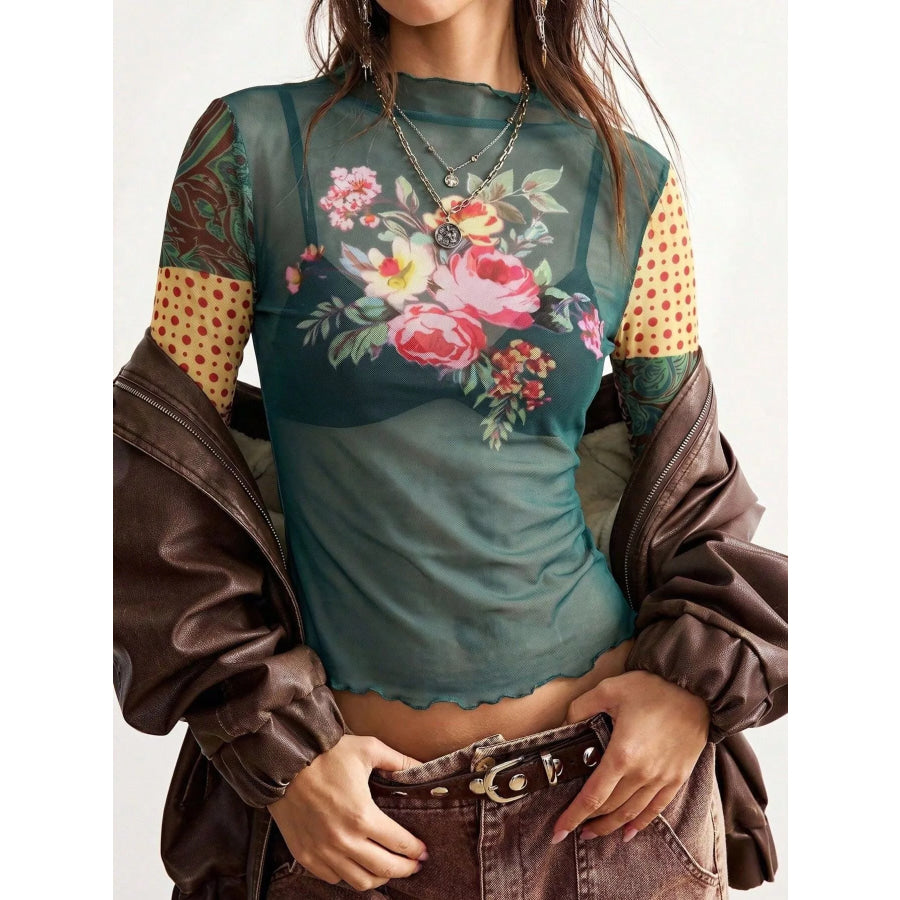 Floral Print Mesh Mock Neck Long Sleeve Top Dark Green / S Apparel and Accessories