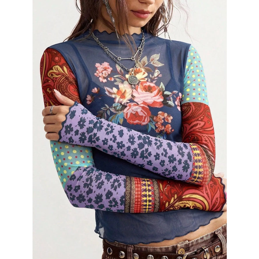 Floral Print Mesh Mock Neck Long Sleeve Top Navy / S Apparel and Accessories
