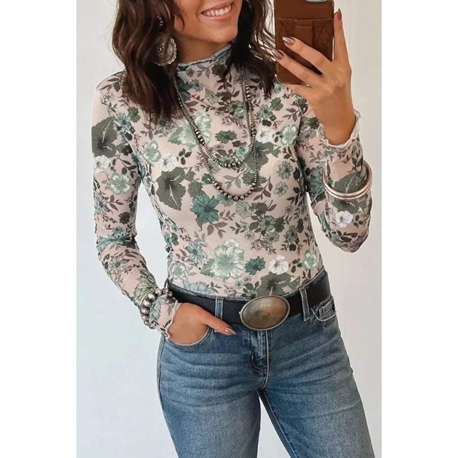 Floral Print Mesh Mock Neck Long Sleeve Top Sage / S Apparel and Accessories