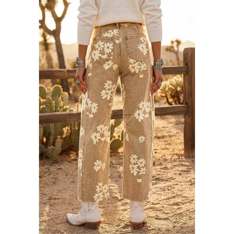 Floral Print Metal Button Pleated Straight Leg Jeans Apparel and Accessories
