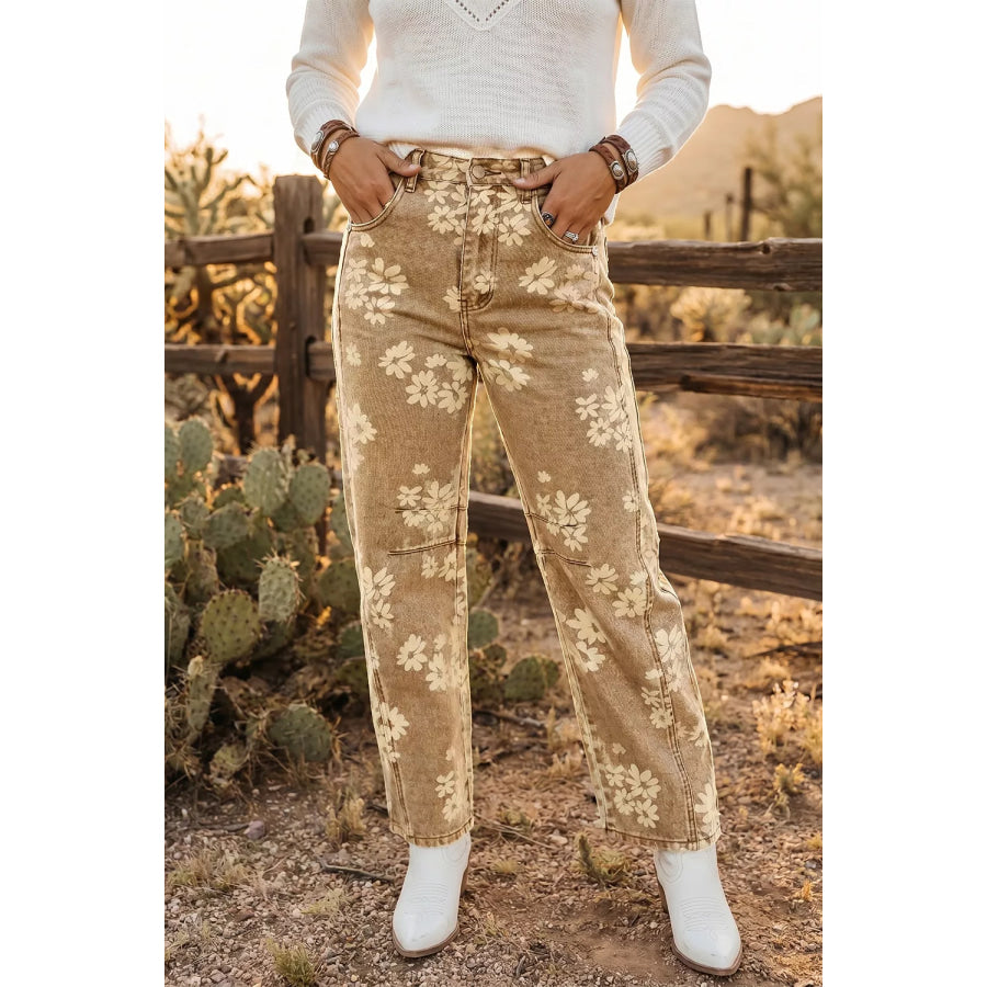 Floral Print Metal Button Pleated Straight Leg Jeans Apparel and Accessories