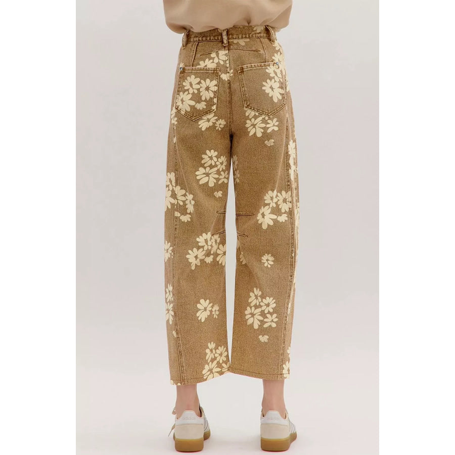Floral Print Metal Button Pleated Straight Leg Jeans Apparel and Accessories