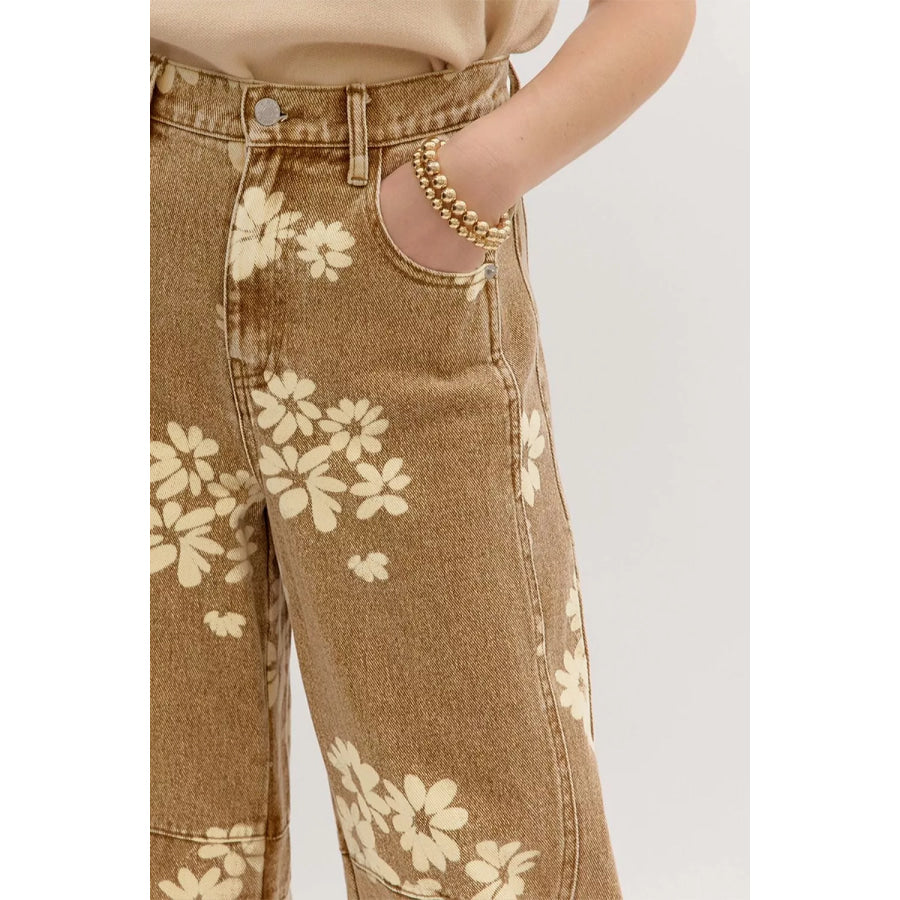Floral Print Metal Button Pleated Straight Leg Jeans Apparel and Accessories