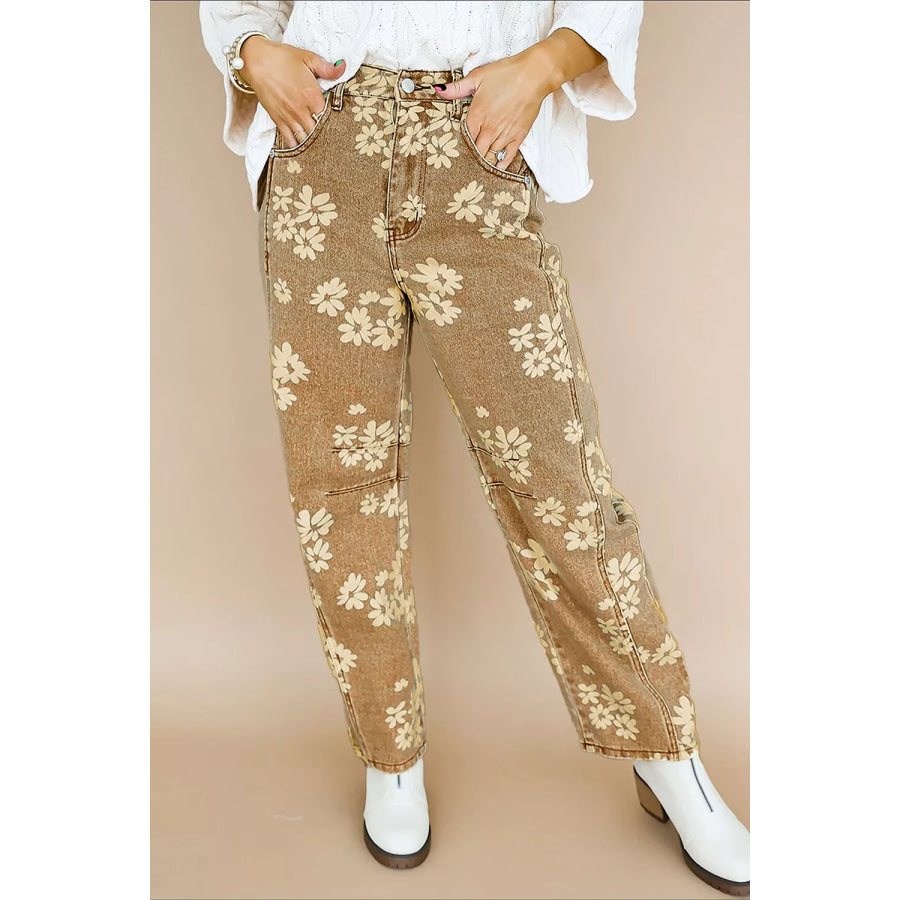 Floral Print Metal Button Pleated Straight Leg Jeans Apparel and Accessories