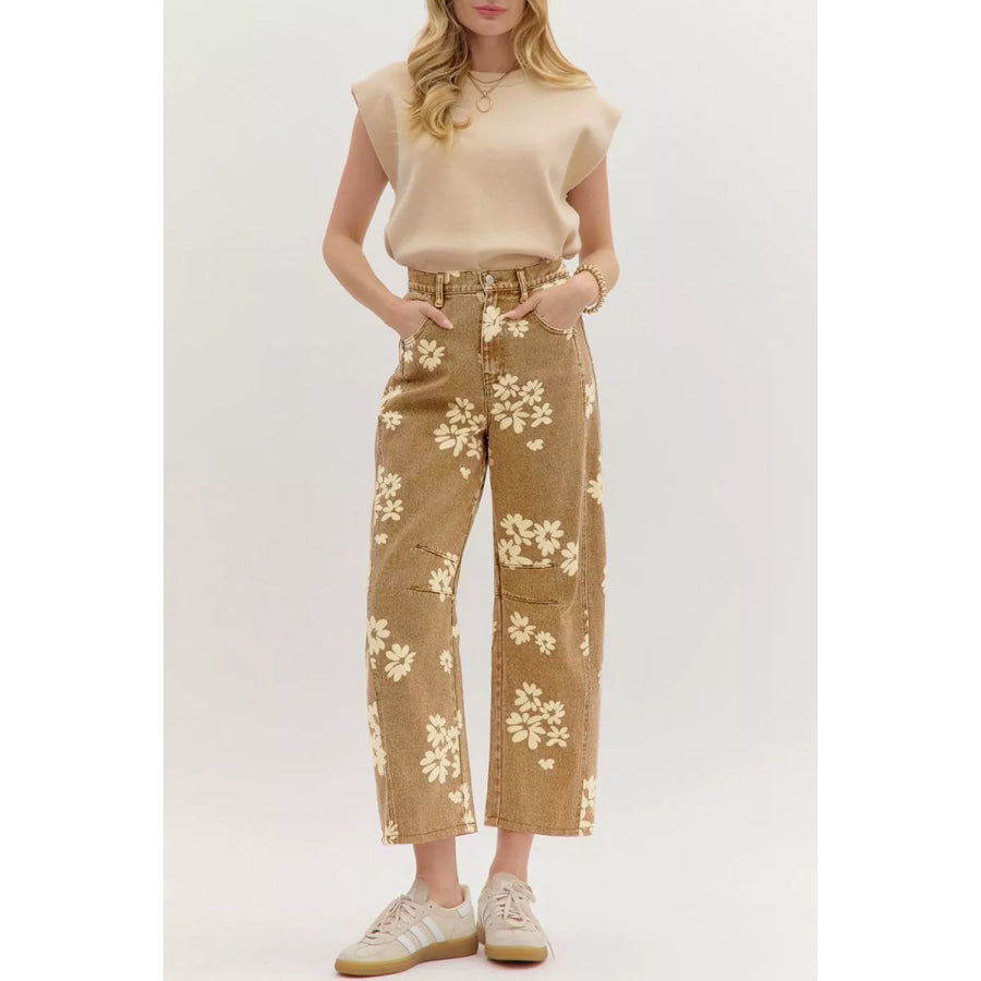 Floral Print Metal Button Pleated Straight Leg Jeans Tan / 4 Apparel and Accessories