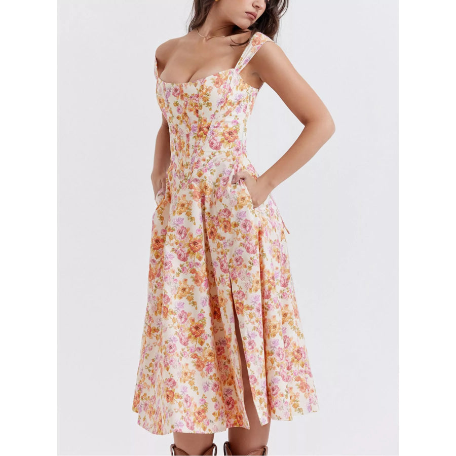 Floral Print Midi Dress with Slit Apparel and Accessories