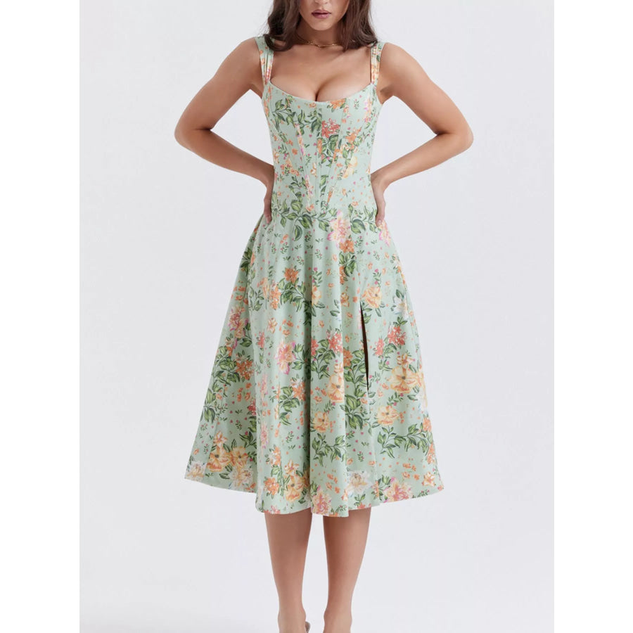 Floral Print Midi Dress with Slit Apparel and Accessories