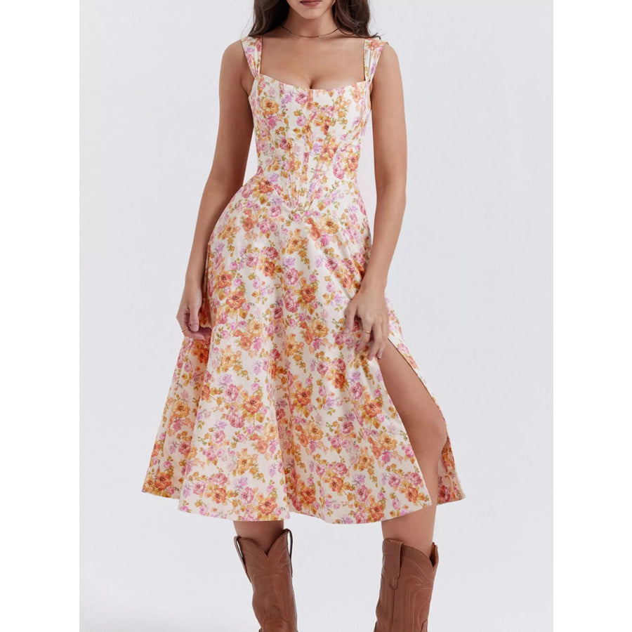Floral Print Midi Dress with Slit Apparel and Accessories