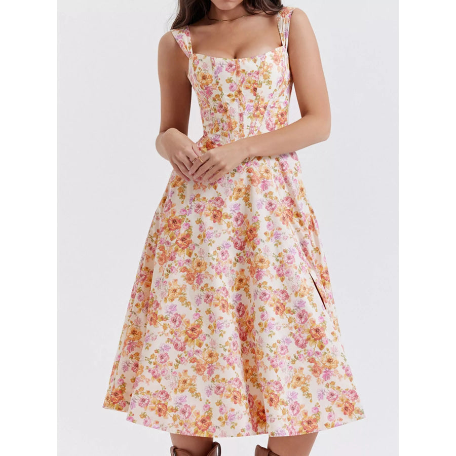 Floral Print Midi Dress with Slit Apparel and Accessories