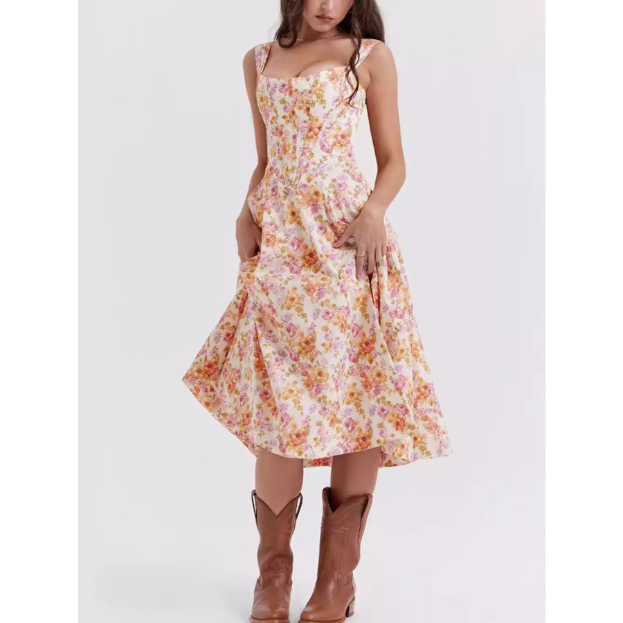 Floral Print Midi Dress with Slit Apparel and Accessories