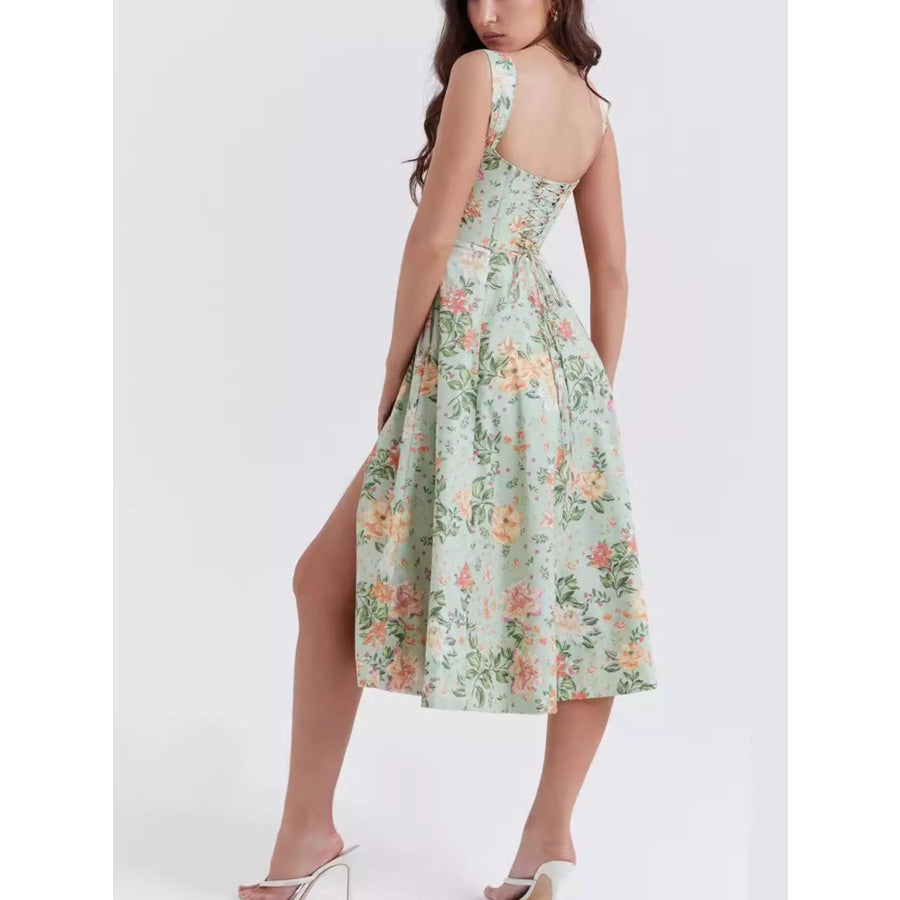 Floral Print Midi Dress with Slit Apparel and Accessories