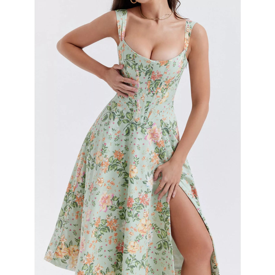 Floral Print Midi Dress with Slit Apparel and Accessories