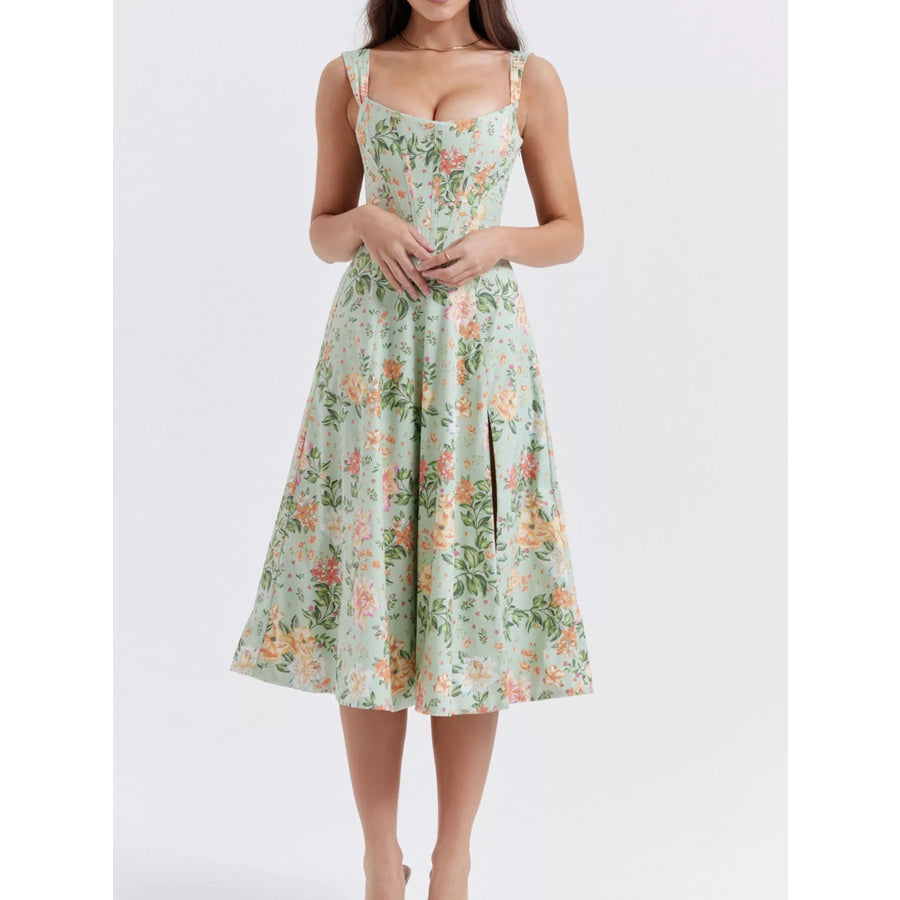 Floral Print Midi Dress with Slit Sage / S Apparel and Accessories