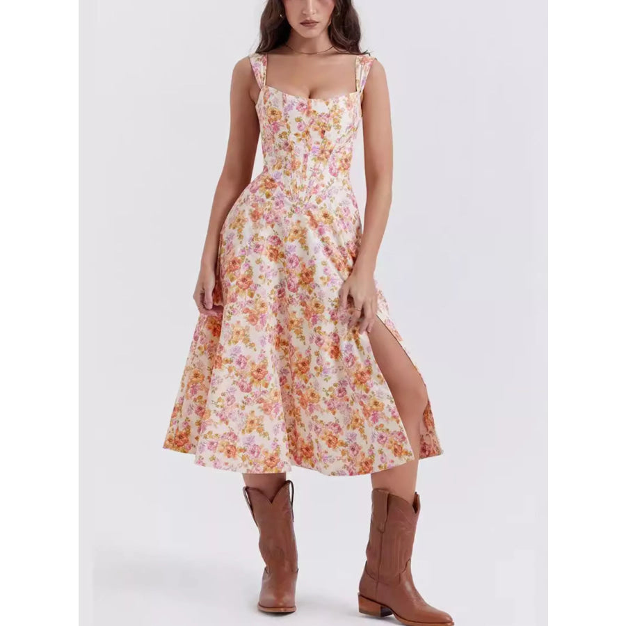 Floral Print Midi Dress with Slit Watermelon pink / S Apparel and Accessories