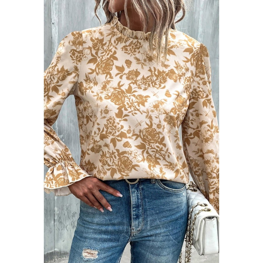 Floral Print Mock Neck Flounce Sleeve Blouse Honey / L