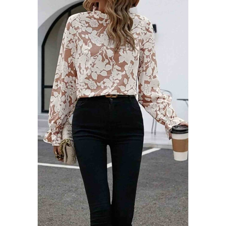 Floral Print Mock Neck Flounce Sleeve Blouse Floral / S