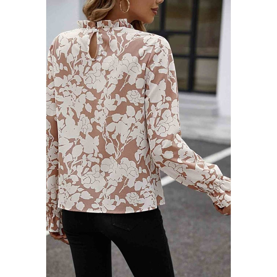 Floral Print Mock Neck Flounce Sleeve Blouse