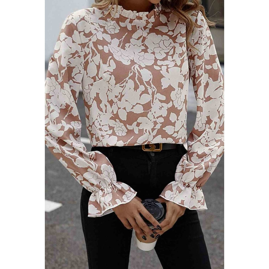 Floral Print Mock Neck Flounce Sleeve Blouse