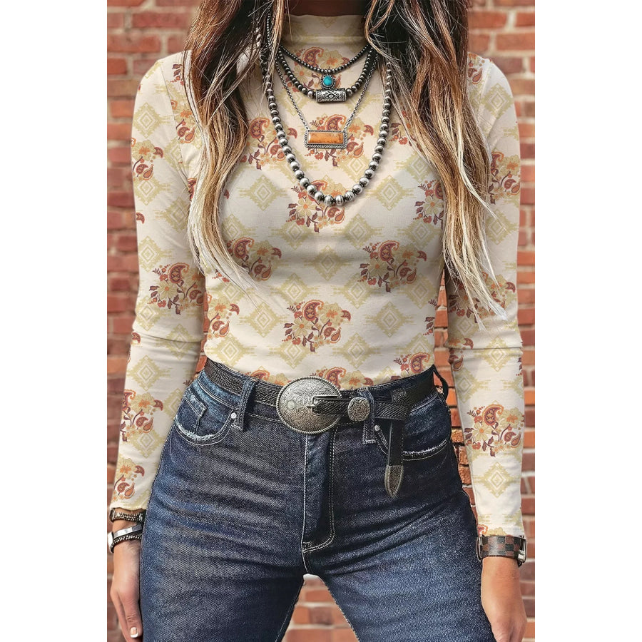 Floral Print Mock Neck Long Sleeve Slim Fit Top Pastel Yellow / S Apparel and Accessories