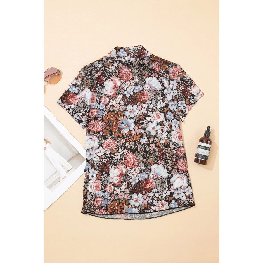 Floral Print Mock Neck Sheer Mesh Top Apparel and Accessories