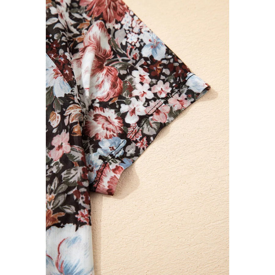 Floral Print Mock Neck Sheer Mesh Top Apparel and Accessories