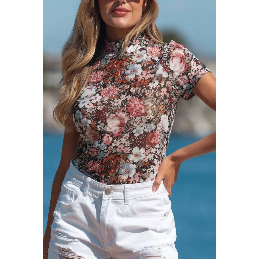 Floral Print Mock Neck Sheer Mesh Top Apparel and Accessories