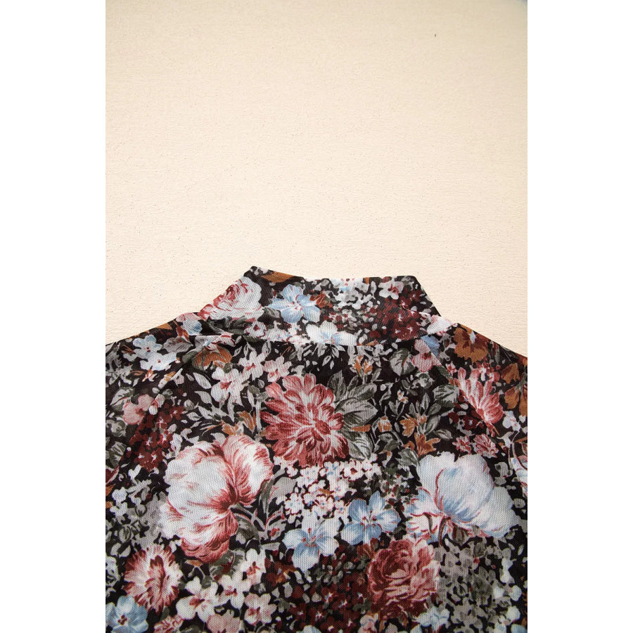 Floral Print Mock Neck Sheer Mesh Top Apparel and Accessories
