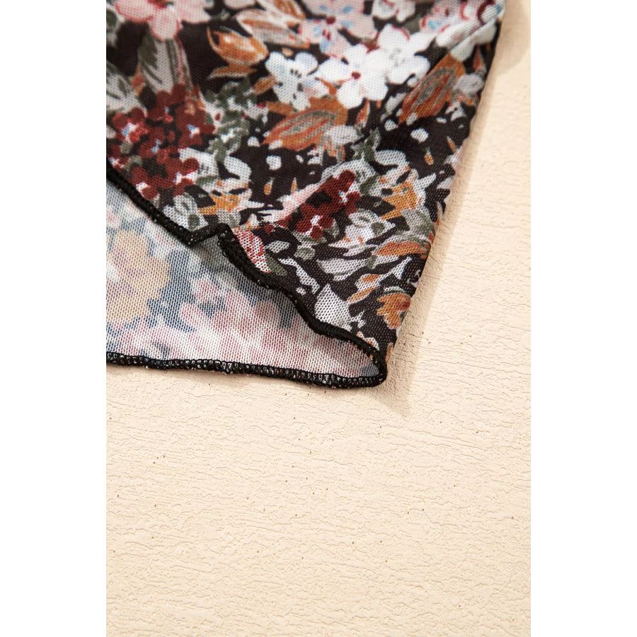 Floral Print Mock Neck Sheer Mesh Top Apparel and Accessories