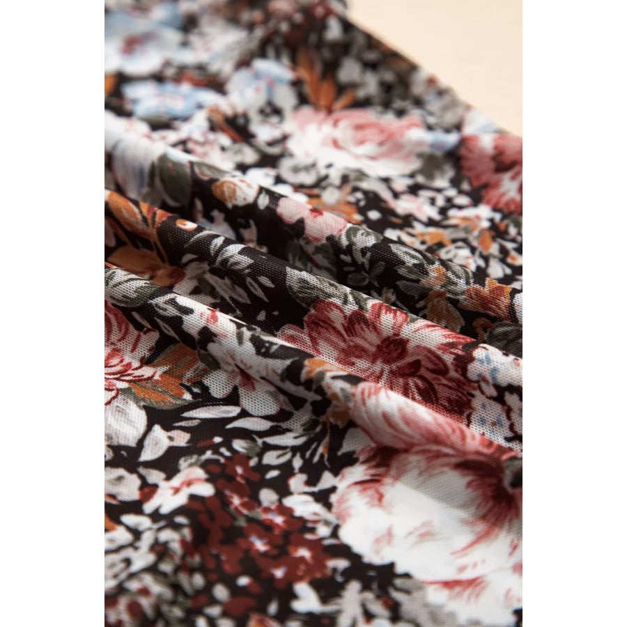 Floral Print Mock Neck Sheer Mesh Top Apparel and Accessories