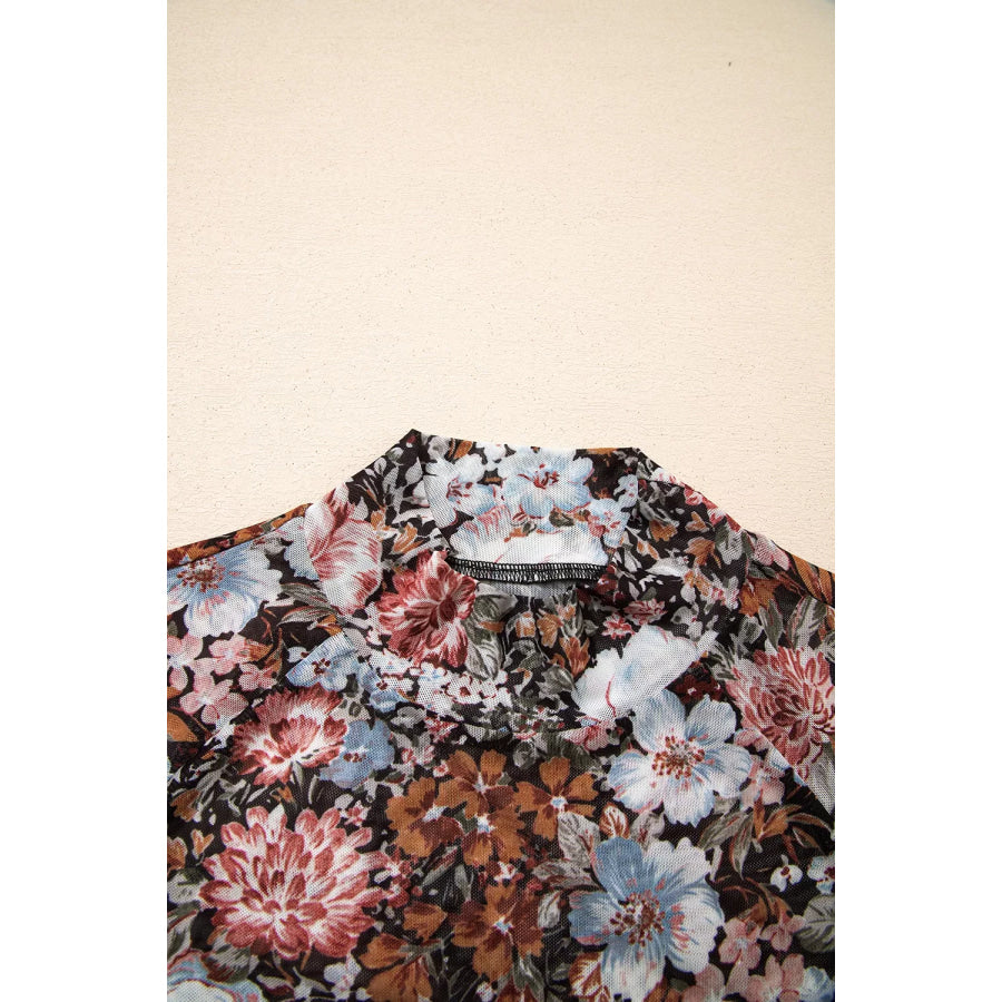 Floral Print Mock Neck Sheer Mesh Top Apparel and Accessories