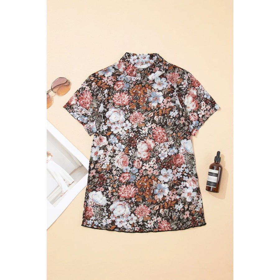 Floral Print Mock Neck Sheer Mesh Top Apparel and Accessories