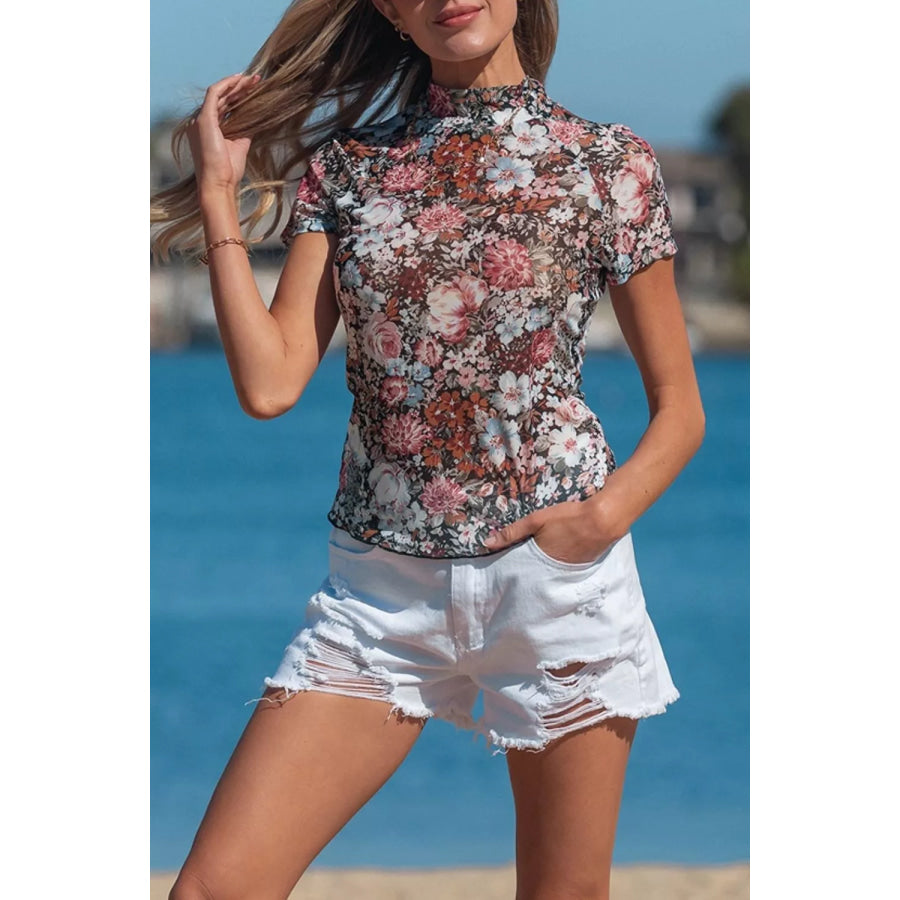 Floral Print Mock Neck Sheer Mesh Top Floral / S Apparel and Accessories