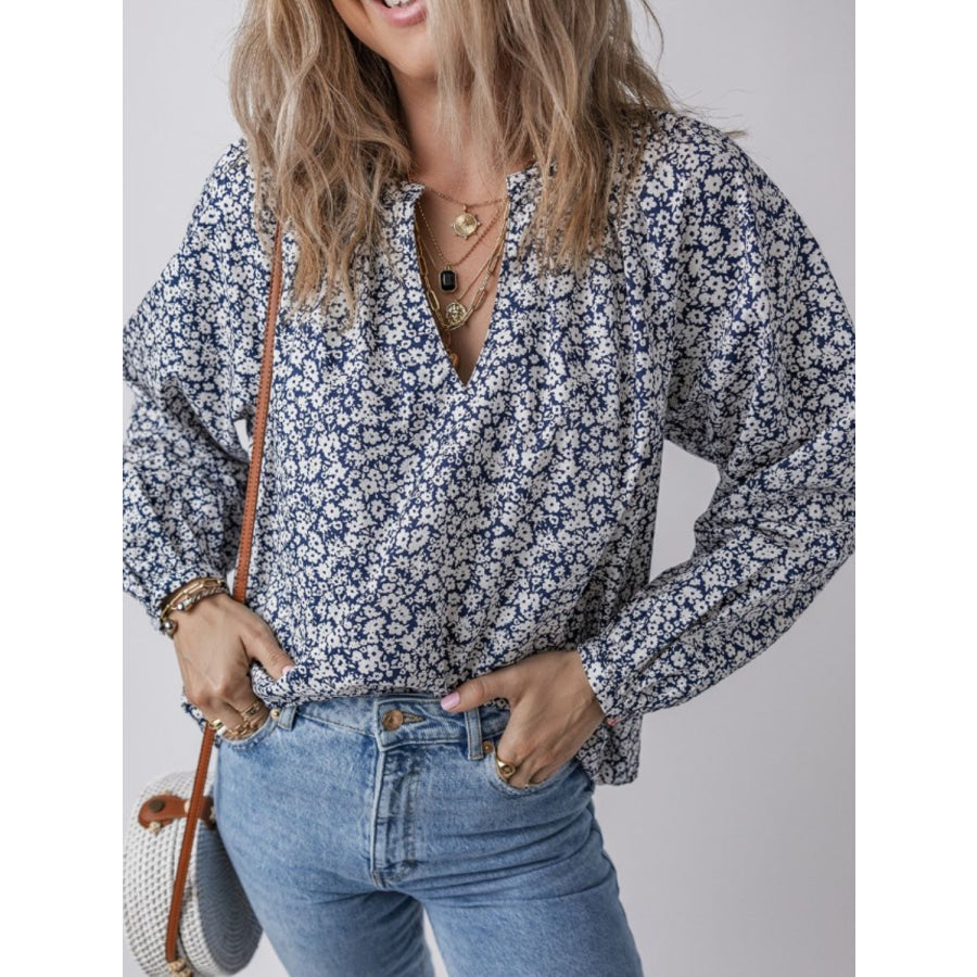Floral Print Notched Long Sleeve Blouse Apparel and Accessories