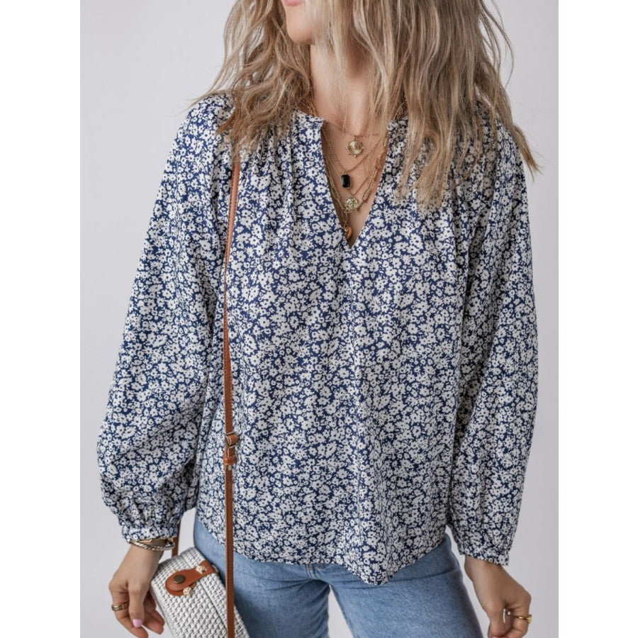 Floral Print Notched Long Sleeve Blouse Dusty Blue / S Apparel and Accessories