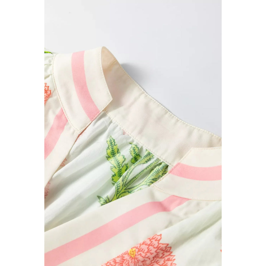 Floral Print Notched Ruffled Sleeve Blouse Apparel and Accessories
